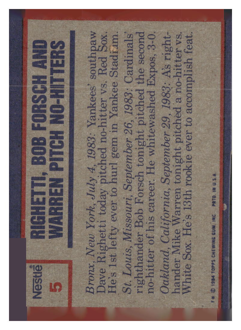 1984 Topps Nestle #5 Dave Righetti / Bob Forsch / Mike Warren