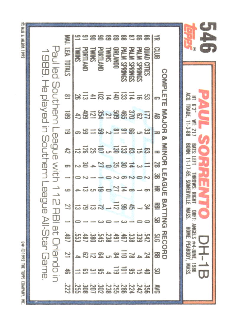 1992 Topps #546 Paul Sorrento