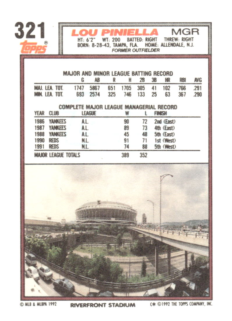1992 Topps #321 Lou Piniella Gold Winners