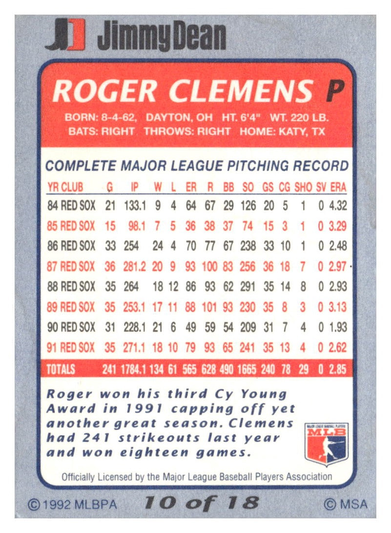 1992 Jimmy Dean #10 Roger Clemens