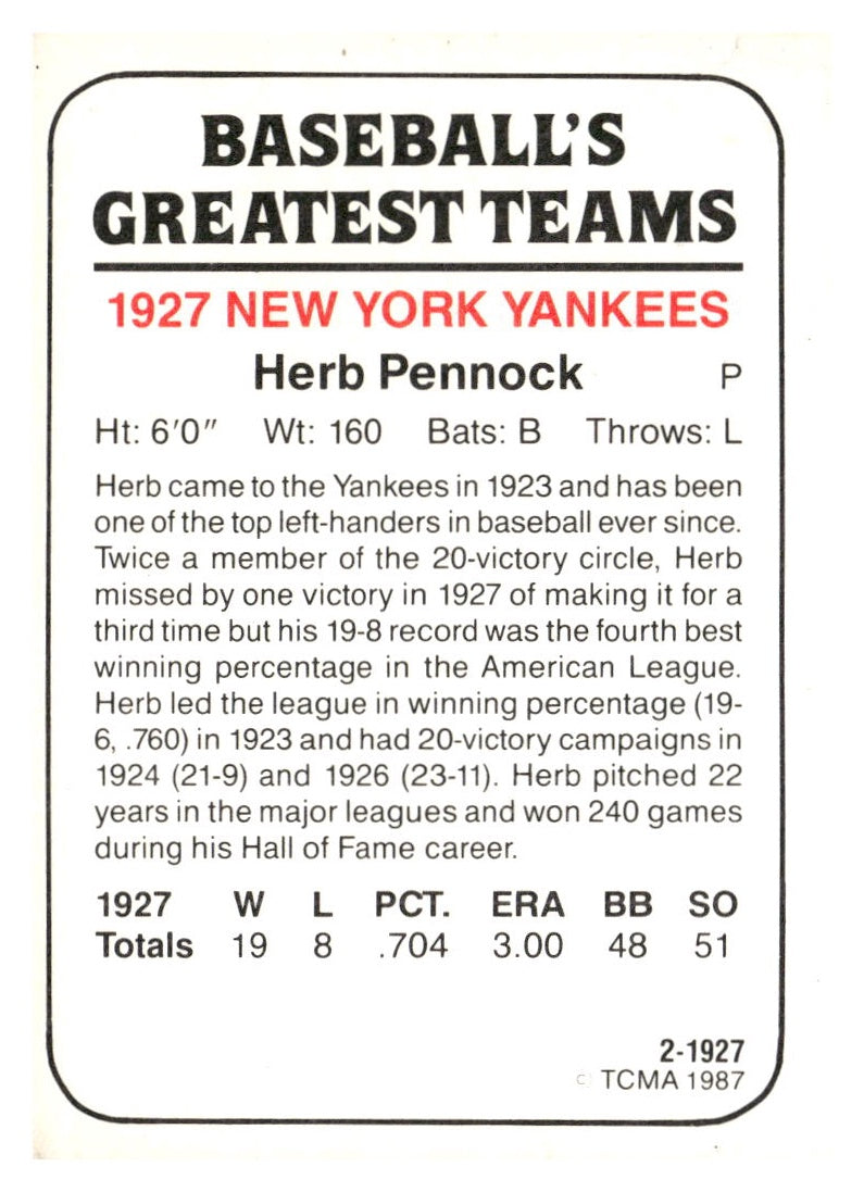 1987 TCMA 1927 New York Yankees #2 Herb Pennock