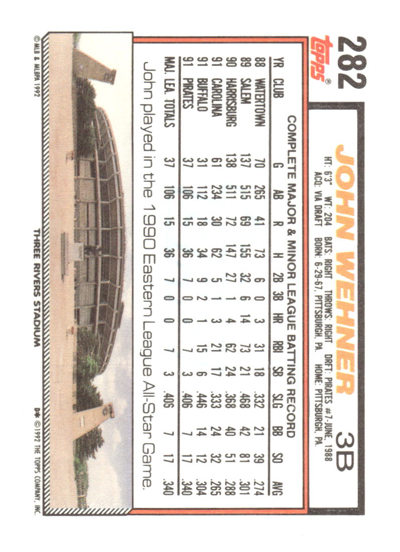 1992 Topps #282 John Wehner Gold
