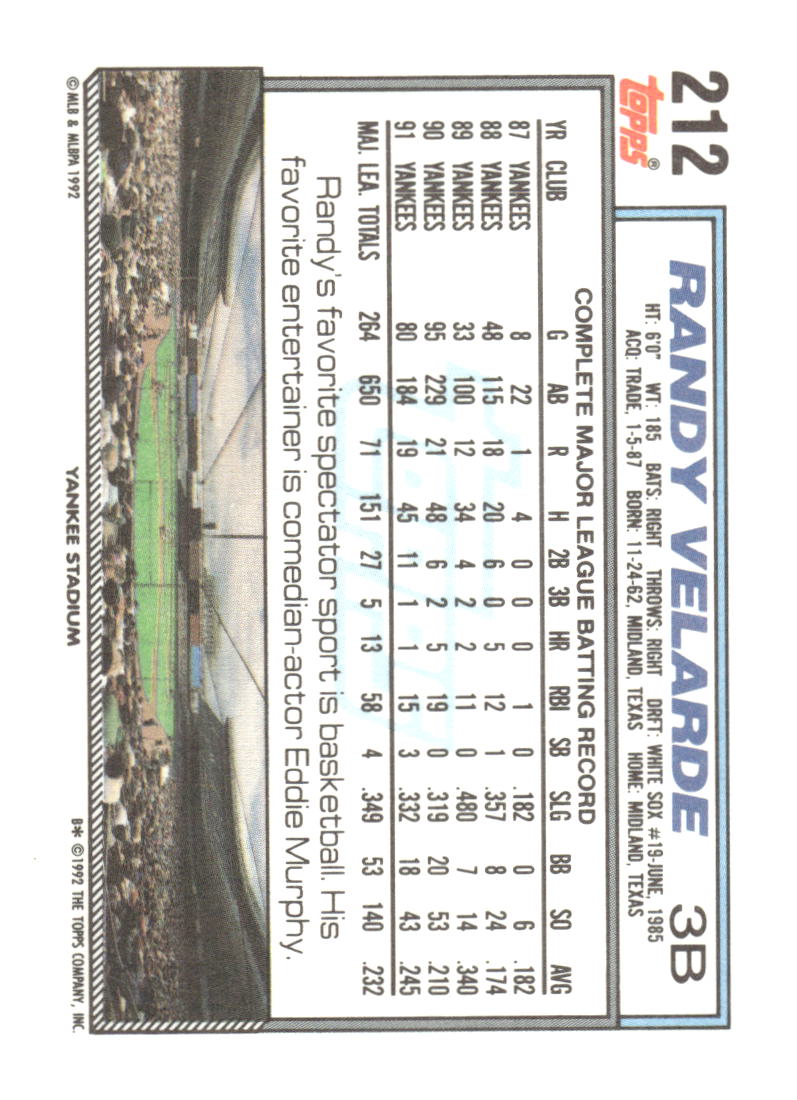 1992 Topps #212 Randy Velarde