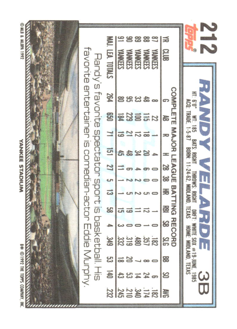 1992 Topps #212 Randy Velarde Gold Winners