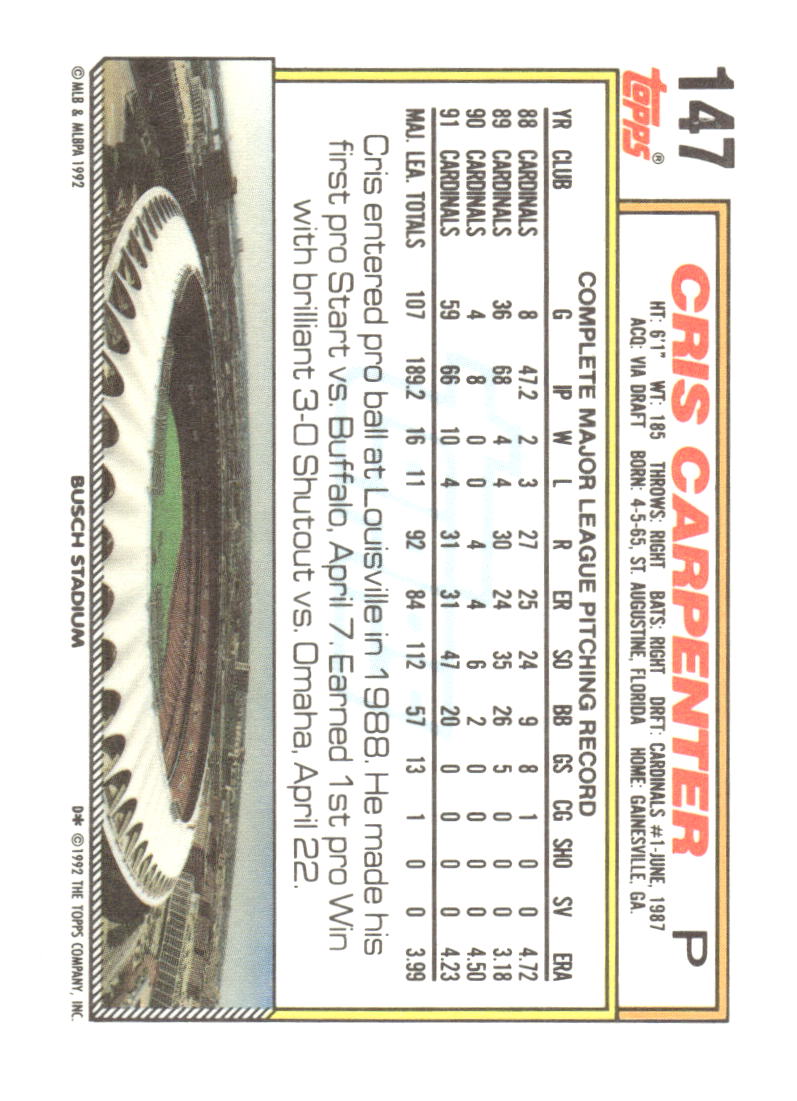 1992 Topps #147 Cris Carpenter Gold Winners