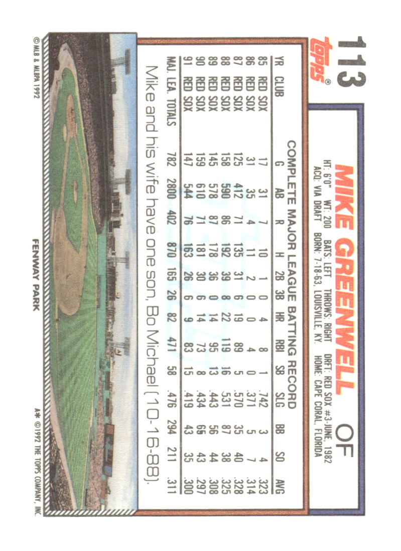 1992 Topps #113 Mike Greenwell Gold Winners