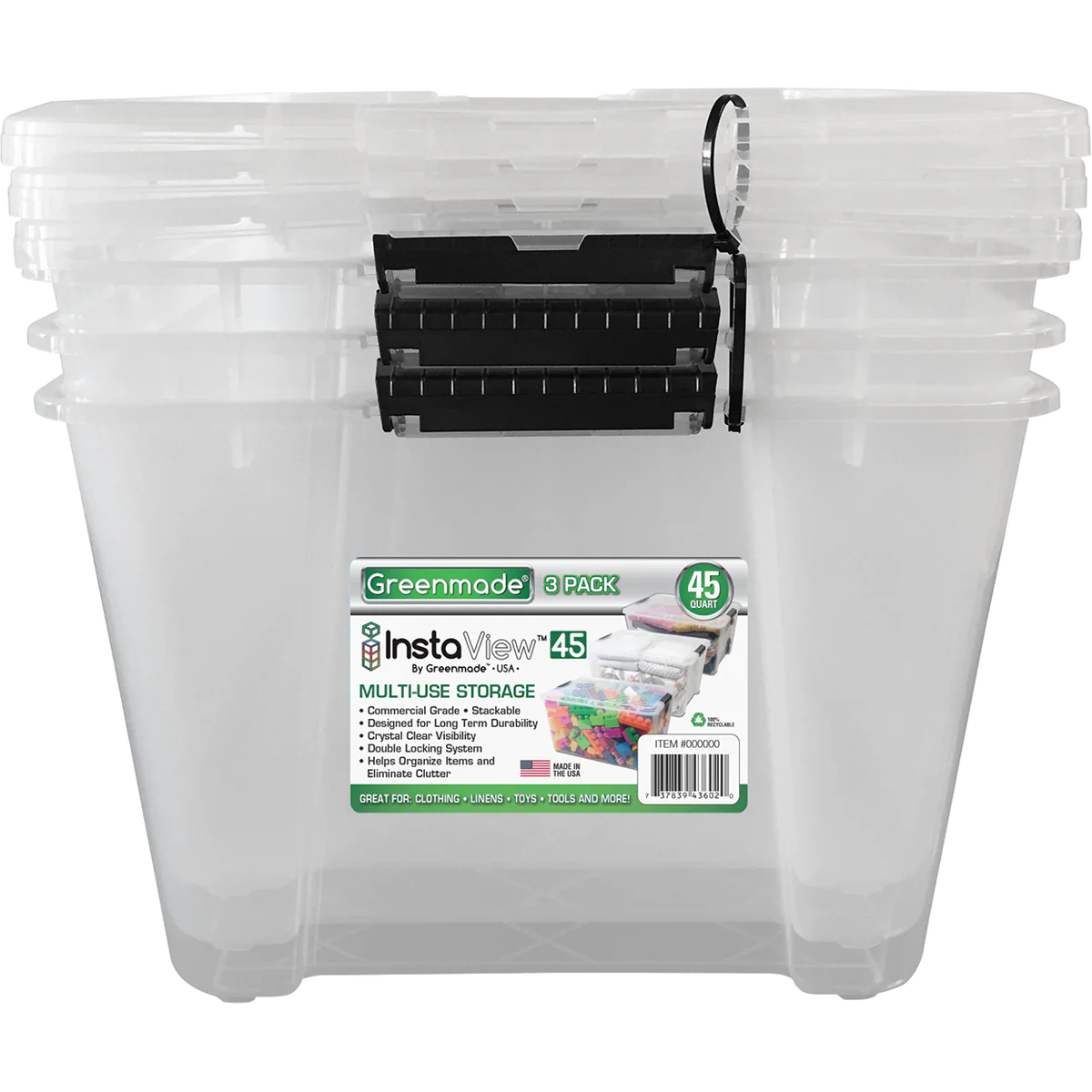 Greenmade InstaView 3 Pack 45 Quart Multi-Use Storage Bins