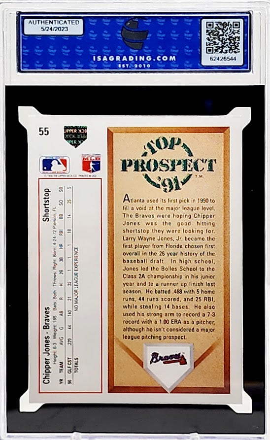 1991 Upper Deck Chipper Jones Rookie Card #55 Graded ISA Gem 10