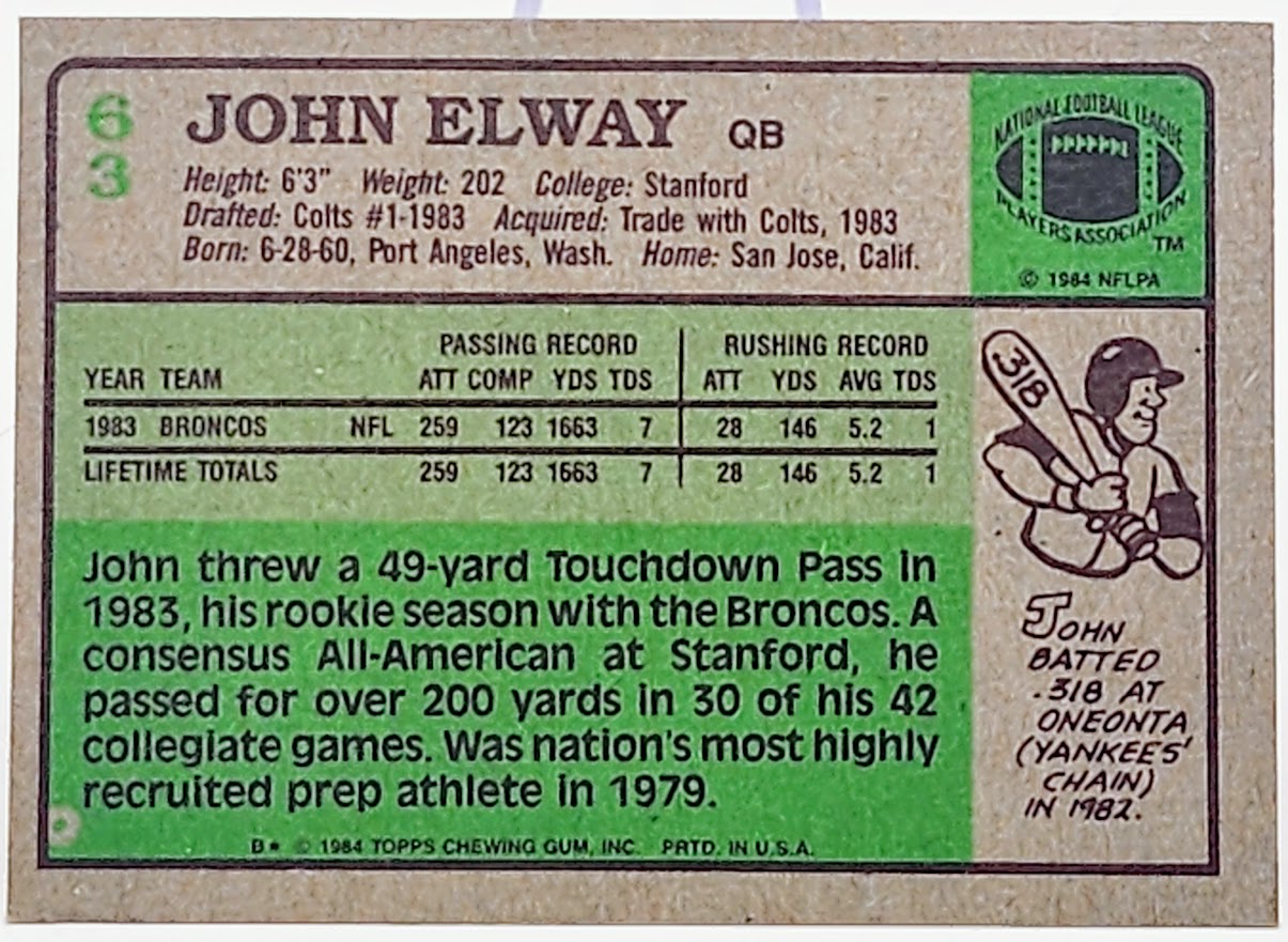 1984 Topps Football #63 John Elway RC Denver Broncos