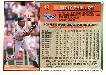 1994 Topps Tony Phillips # 48 Detroit Tigers