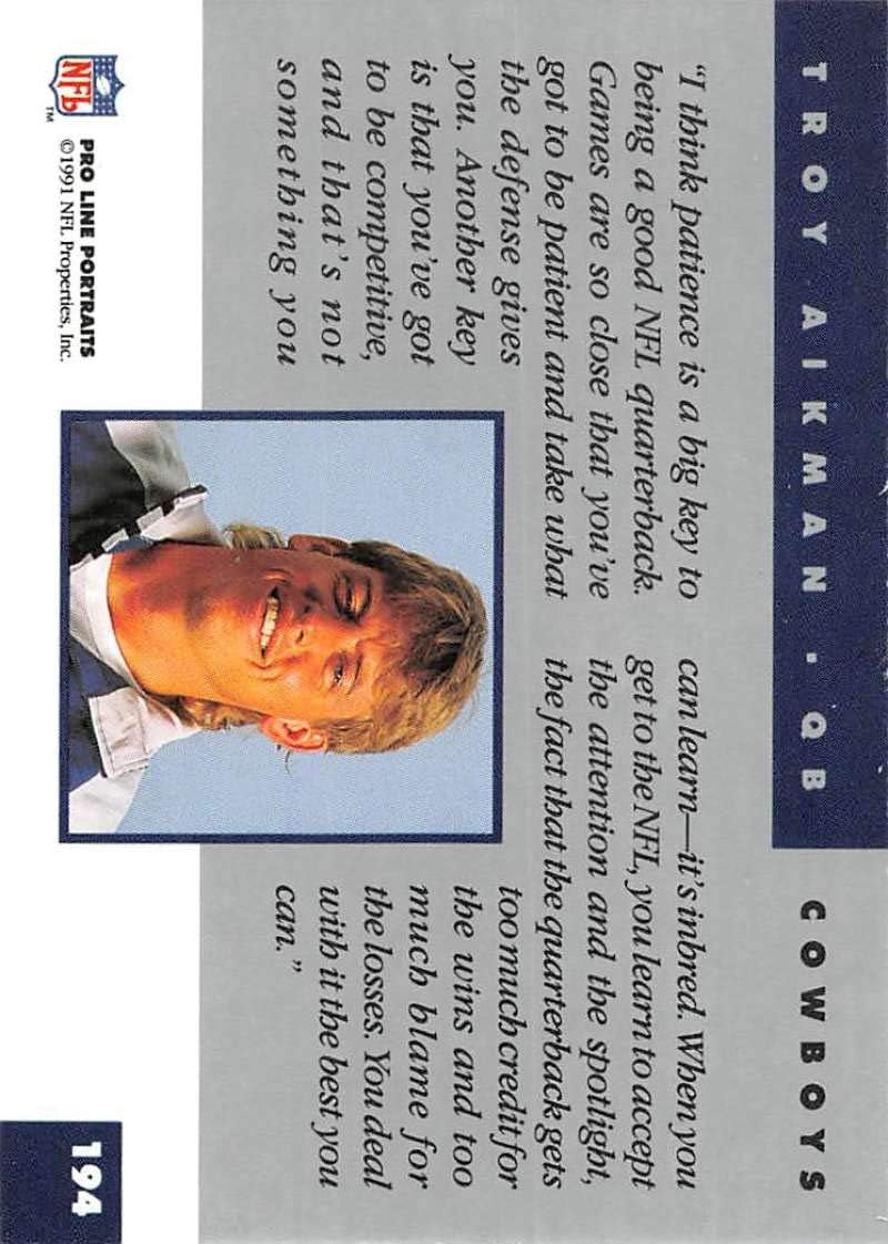 1991 Pro Line Portraits Football #194 Troy Aikman Dallas Cowboys