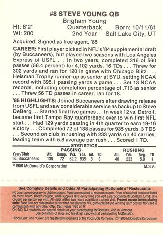1986 McDonald's Bryce Young RC #8 Tampa Bay Buccaneers
