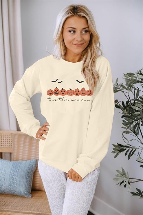 Women's Halloween Pumpkin Face Graphic Crewneck Sweatshirt, Green Size Small