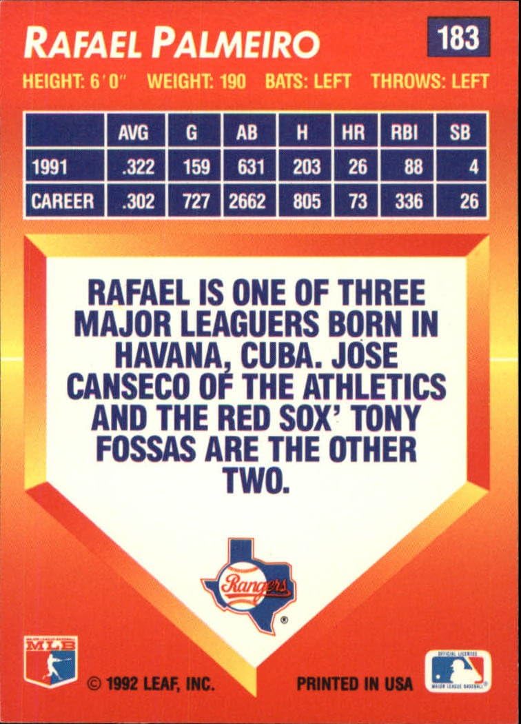 1992 Leaf Rafael Palmeiro #183 Texas Rangers