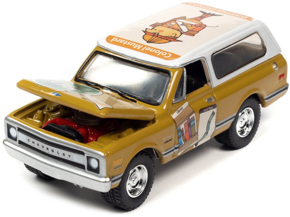 1970 Chevrolet Blazer Mustard Yellow with White Top (Colonel Mustard) w/Poker Chip Collector's Token "Vintage Clue" "Pop Culture" 2022 Release 2 1/64 Diecast Model Car by Johnny Lightning-1