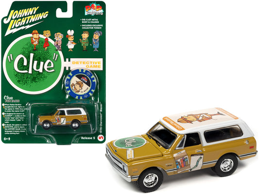 1970 Chevrolet Blazer Mustard Yellow with White Top (Colonel Mustard) w/Poker Chip Collector's Token "Vintage Clue" "Pop Culture" 2022 Release 2 1/64 Diecast Model Car by Johnny Lightning-0