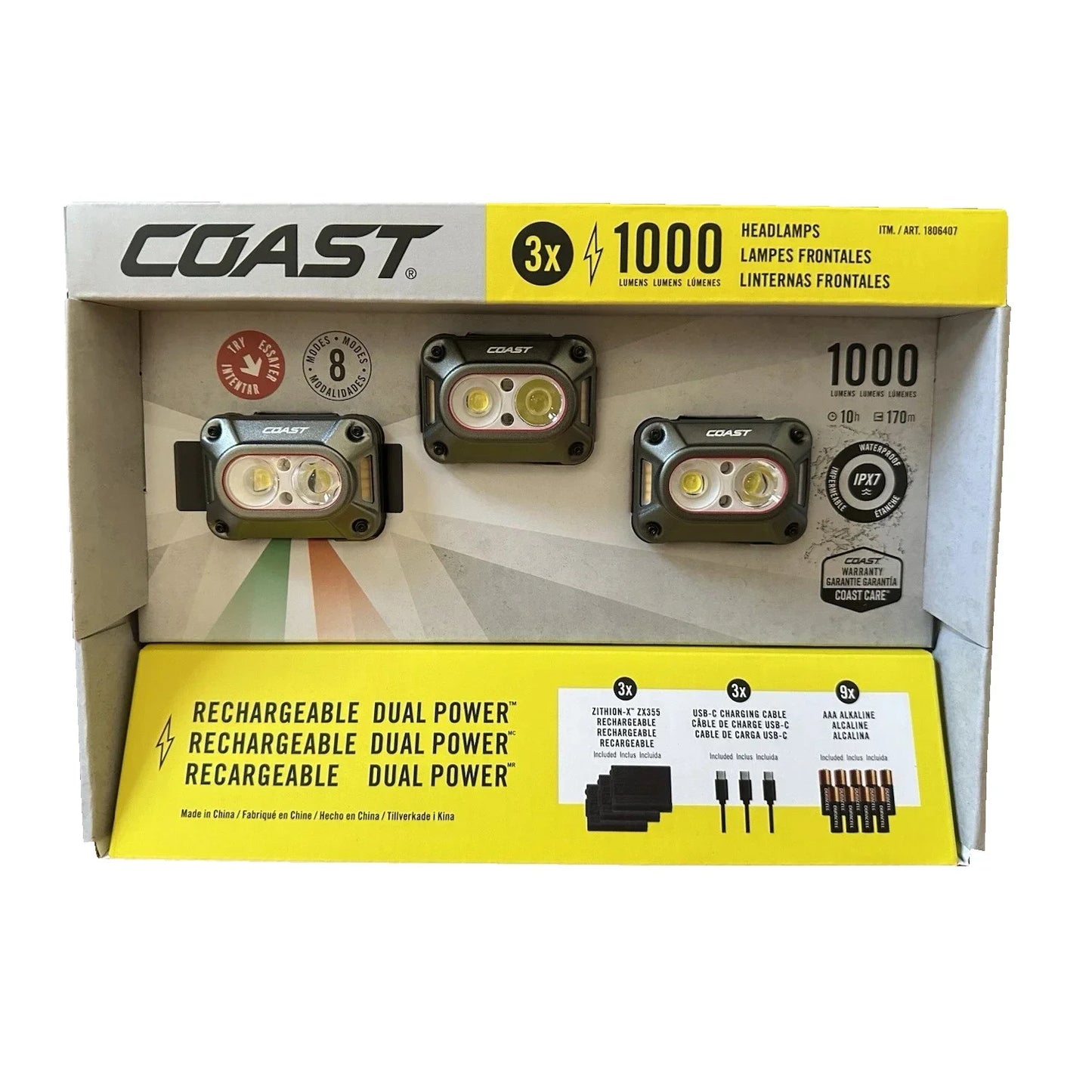 Coast Cutlery Company 1000L Hybrid Headlamp, 3-count
