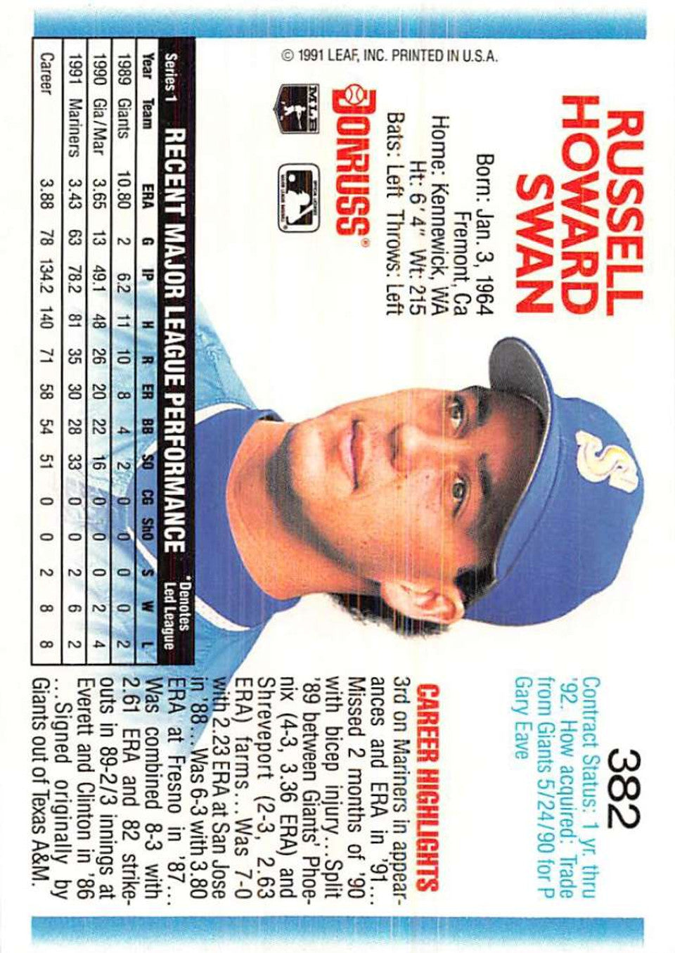 1991 Fleer Russell Swan #382 Mariners