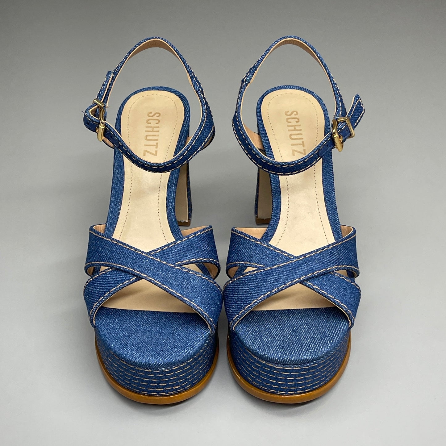 SCHUTZ Keefa Casual Denim Women's 4" Heeled Sandal Platform Blue Sz 8.5B (New)