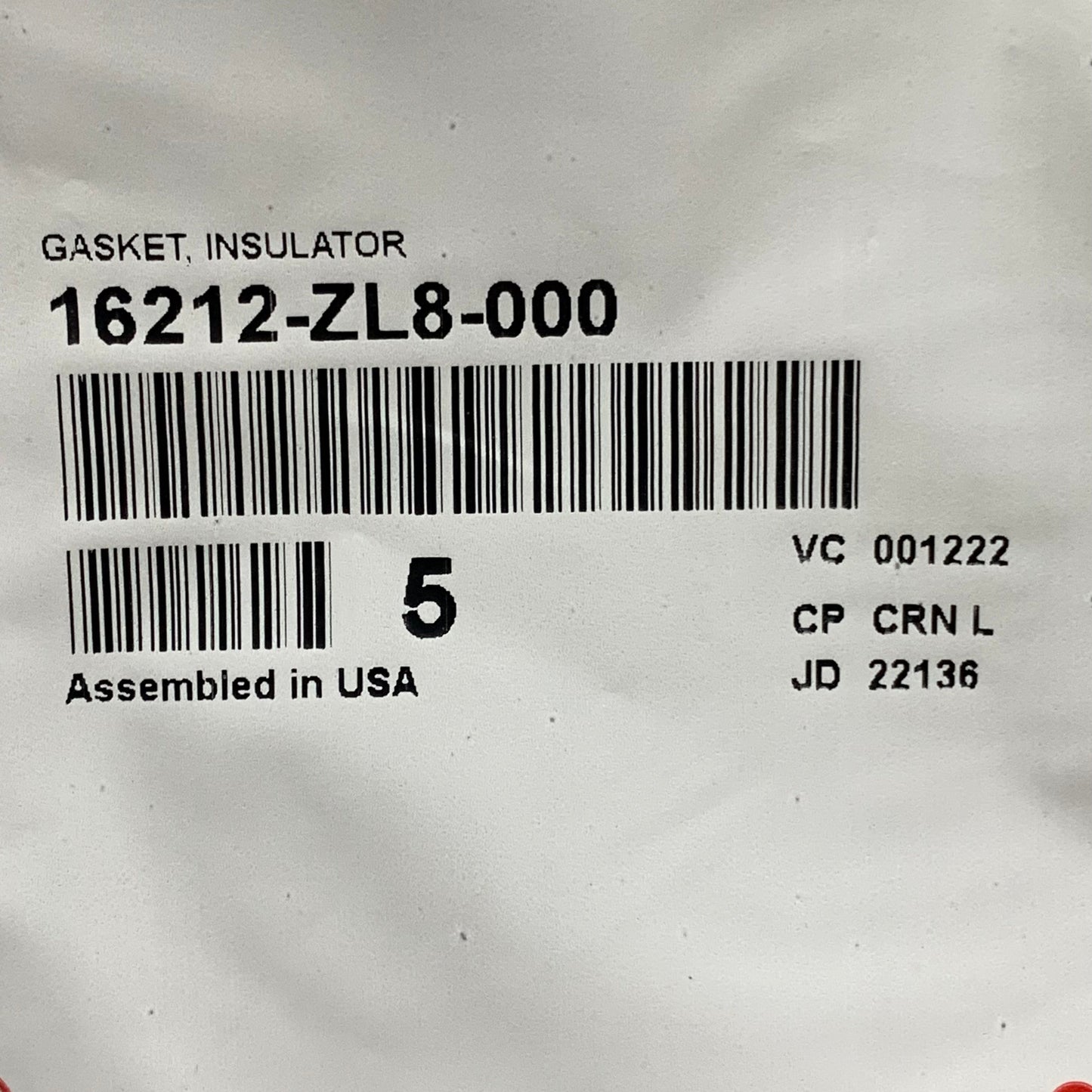 HONDA Carburetor Gasket 5 Piece Set Packing Insulator 16212-ZL8-000 (New)