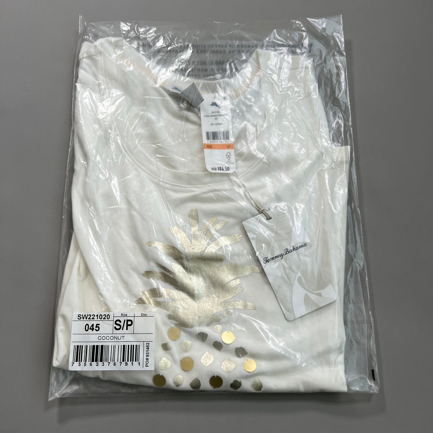 TOMMY BAHAMA Women's Kauai Shimmer Pineapple Tee T-shirt Coconut Size S (New)