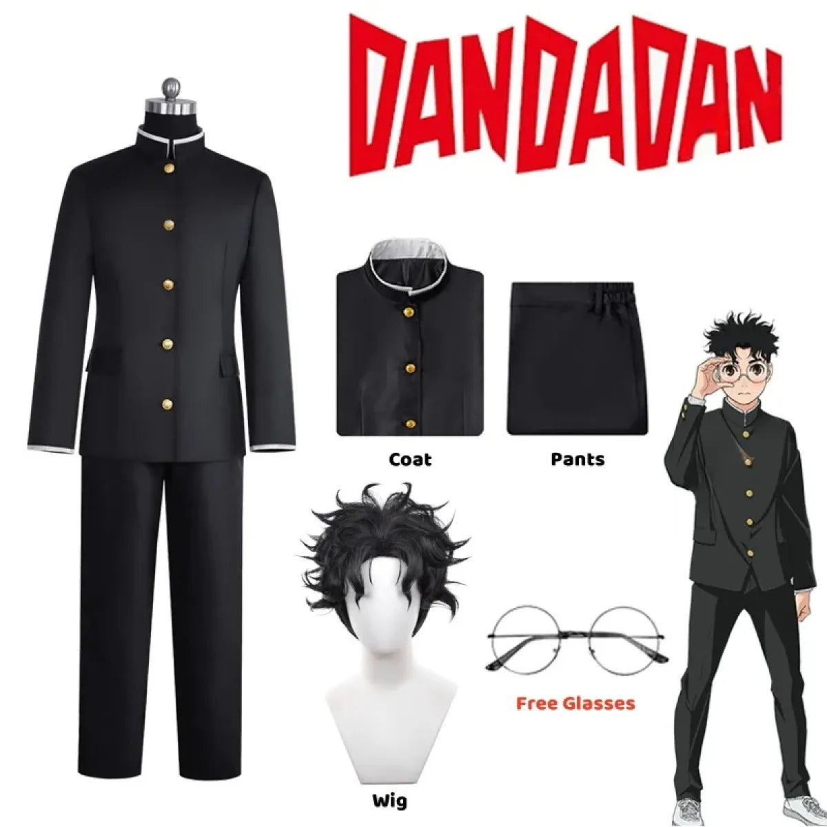 Okarun Cosplay Costume – Dandadan School Uniform with Glasses