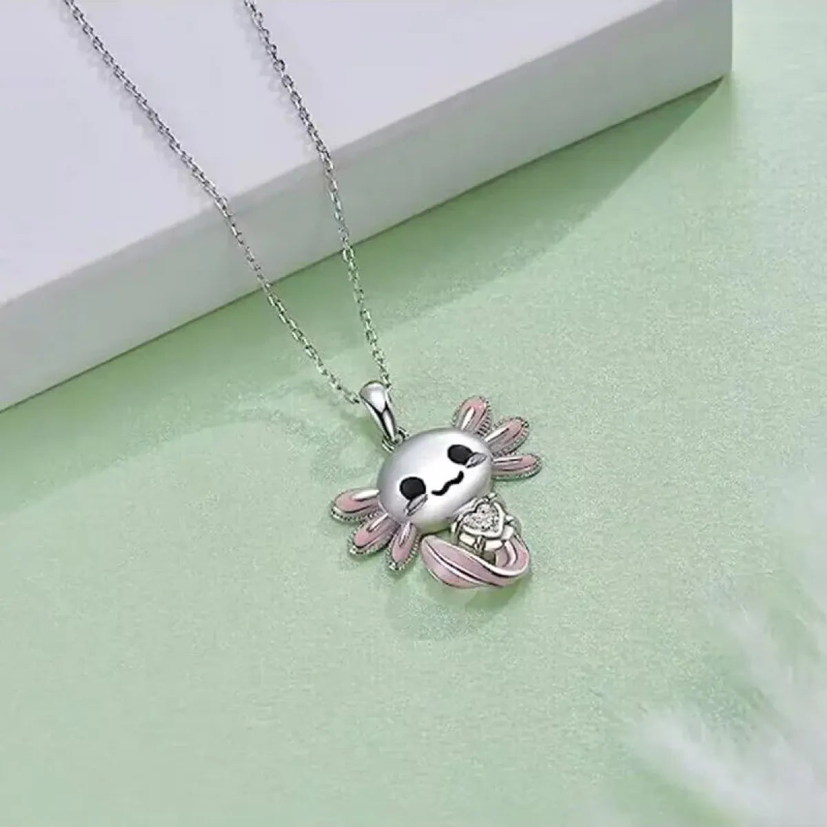 Cute Pink Axolotl Necklace - Enamel Pendant with Crystal Charm