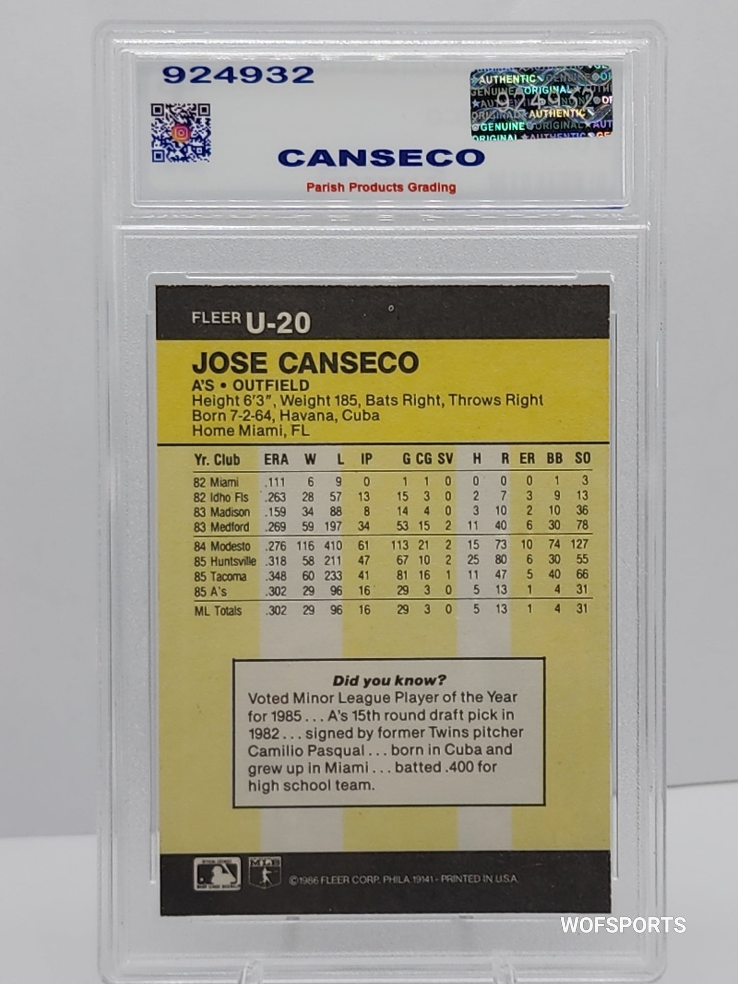 1986 Fleer Update #U-20 Jose Canseco Baseball Card Parish 8
