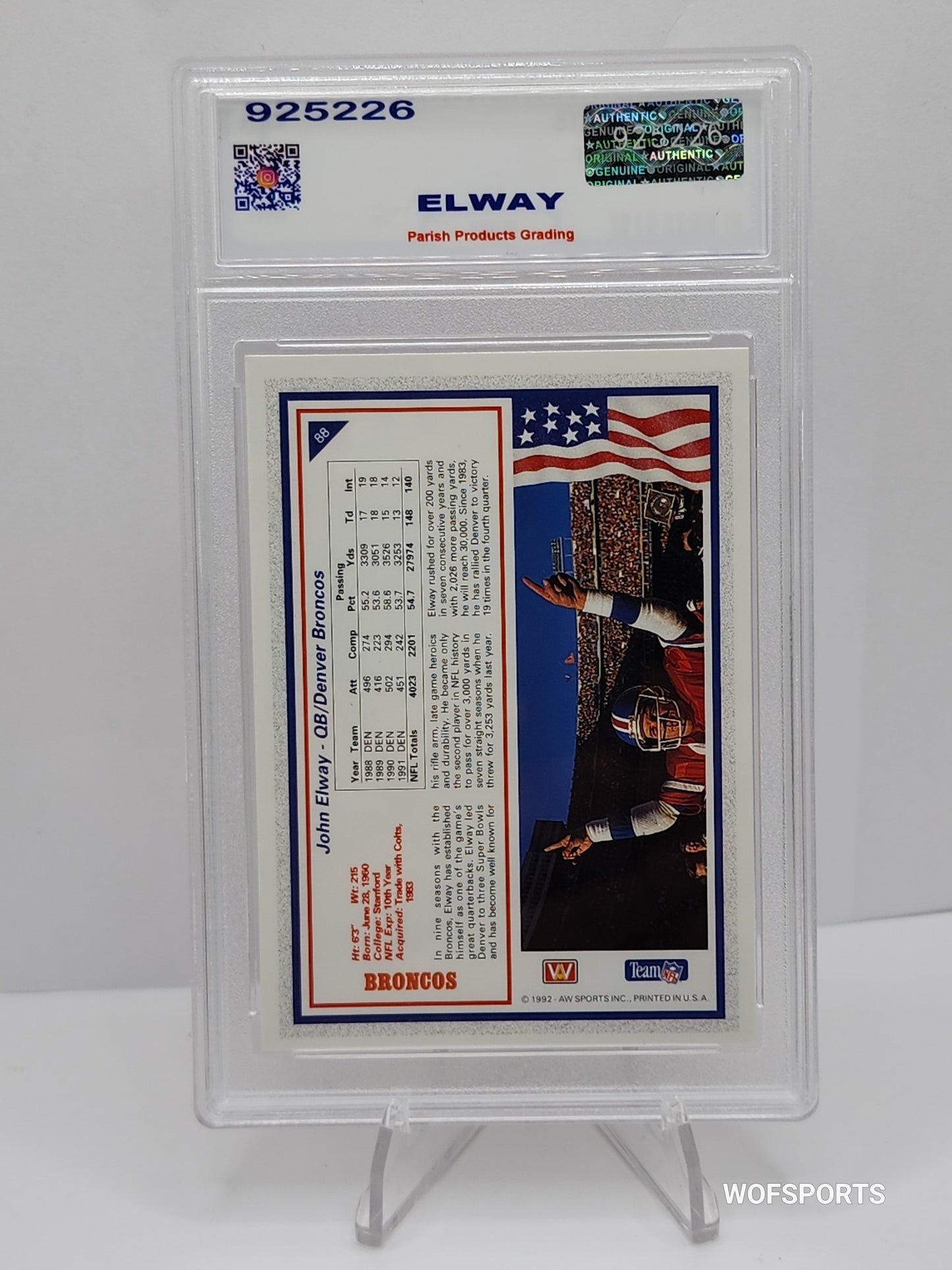 1992 AW Sports John Elway #88 New England Patriots Parish 9 Mint