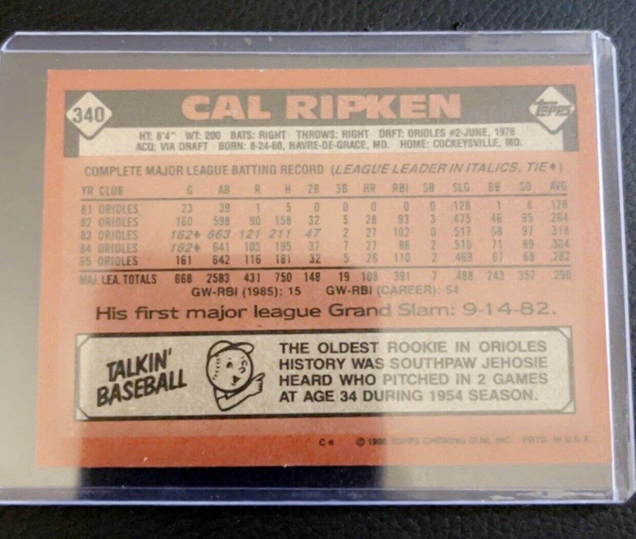 1986 Topps Chewing Gum Cal Ripken Jr. #340 Baltimore Orioles