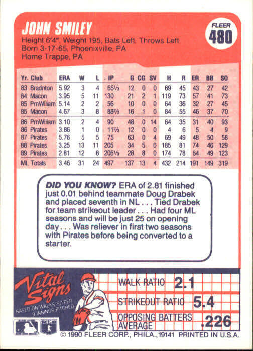 1990 Fleer John Smiley #480 Pittsburgh Pirates