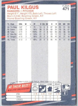 1988 Fleer Paul Kilgus #471 Texas Rangers