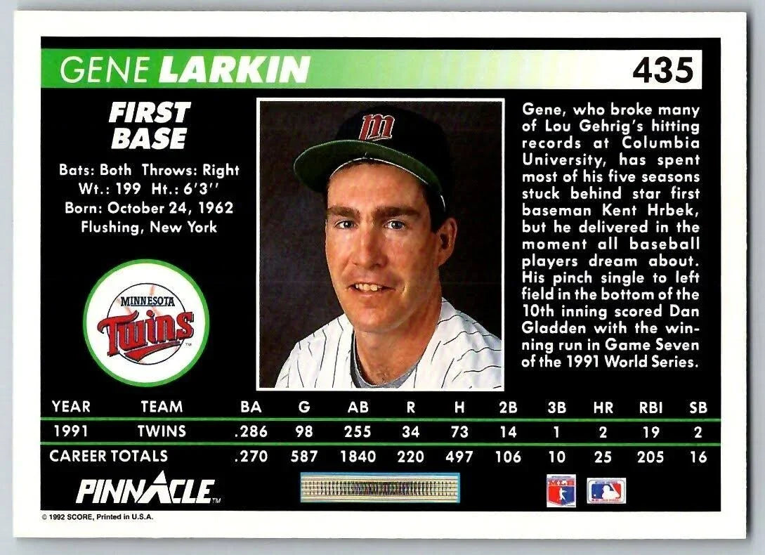 1992 Score Pinnacle Gene Larkin #435 Minnesota Twins