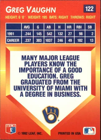 1992 Leaf Greg Vaughn #122 Milwaukee Brewers