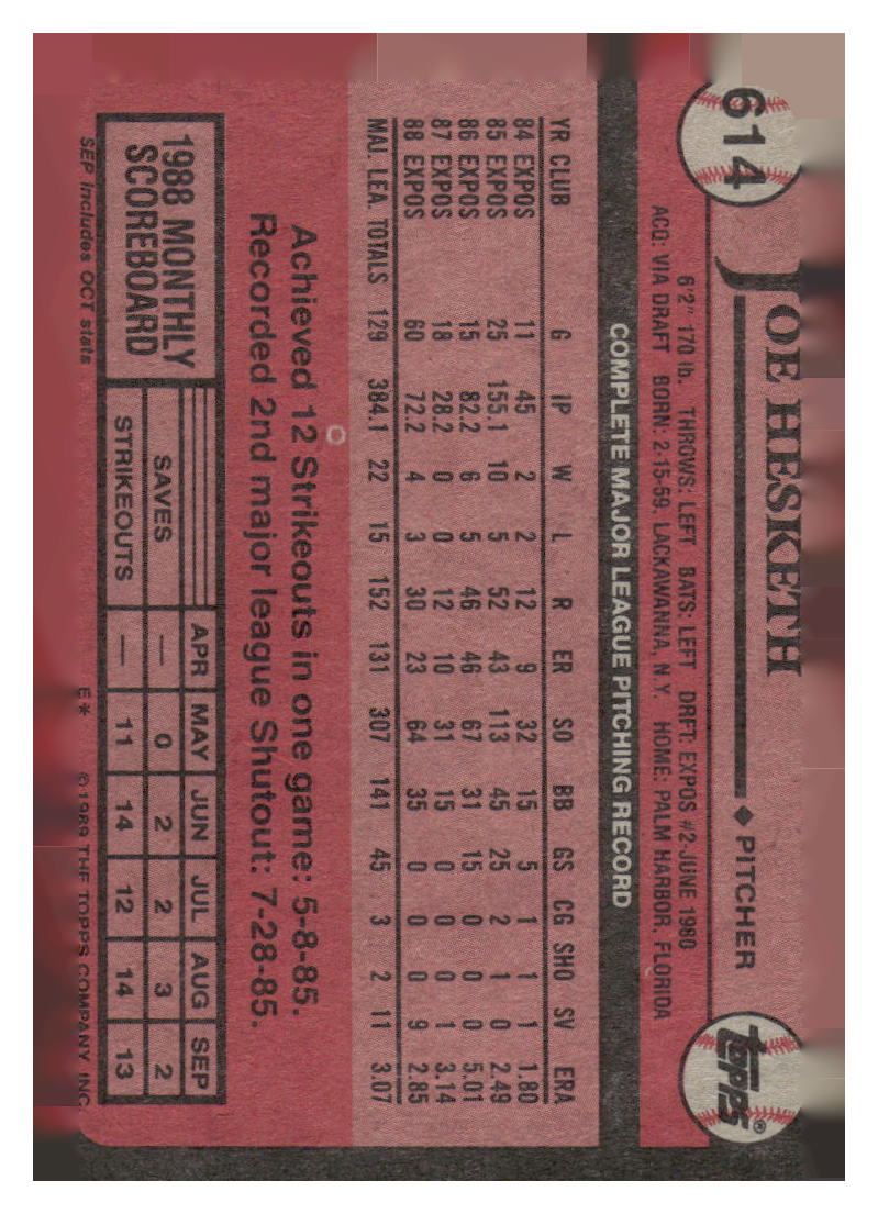 1989 Topps #614 Joe Hesketh