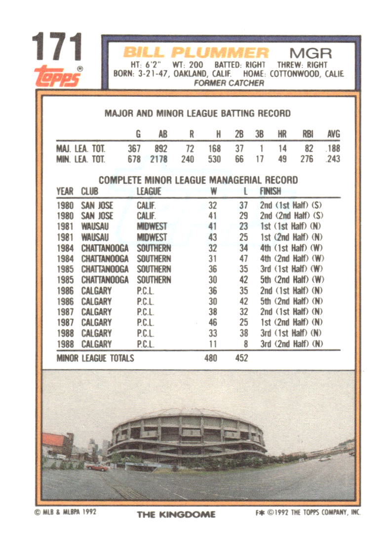 1992 Topps #171 Bill Plummer Gold