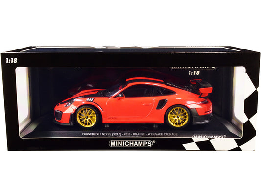 2018 Porsche 911 GT2RS (991.2) Weissach Package Orange with Carbon Stripes and Golden Magnesium Wheels Limited Edition to 300 pieces Worldwide 1/18 Diecast Model Car by Minichamps-0