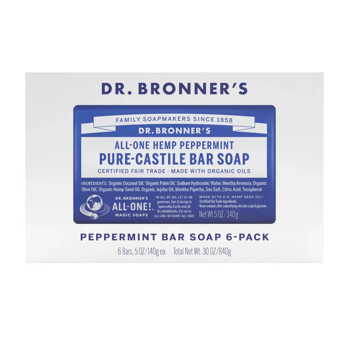 Dr Bronner's Pure Castille Peppermint Bar Soap 6 pack