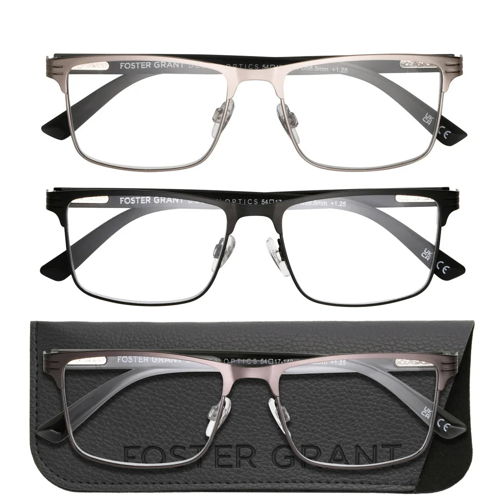 Design Optics by Foster Grant Metal Square Reading Glasses, 3-pack