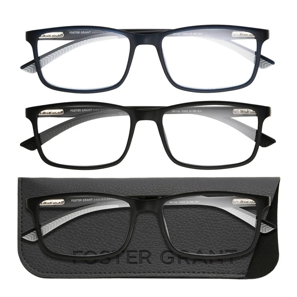 Design Optics by Foster Grant Classic Plastic Rectangle Reading Glasses, 3-pack