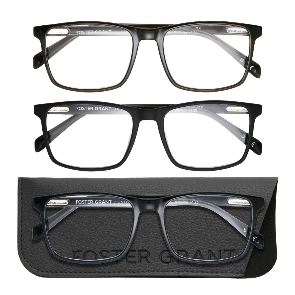 Design Optics by Foster Grant Classic Plastic Square Reading Glasses, 3-pack