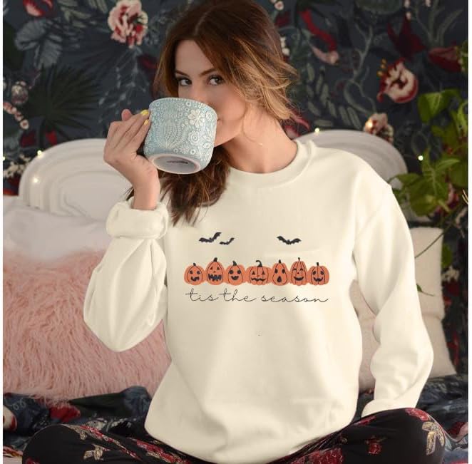 Women's Halloween Pumpkin Face Graphic Crewneck Sweatshirt, Green Size Small