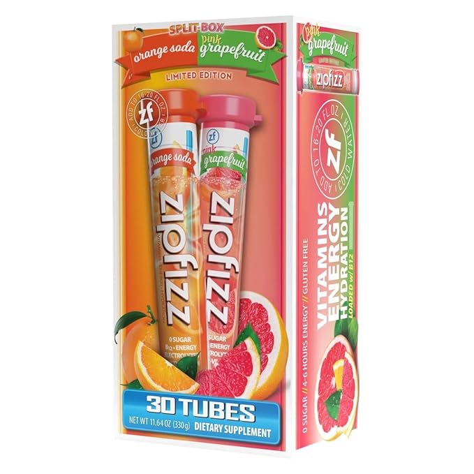 Zipfizz Multi-Vitamin Energy Hydration Drink Mix, Orange Soda & Pink Grapefruit, 30 Tubes