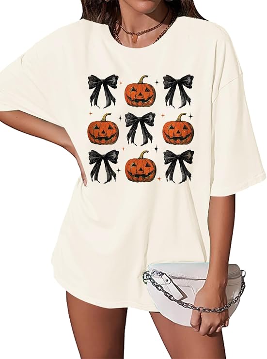Women's Pumpkin Bow Coquette Oversized Crewneck T-Shirt, Ivory