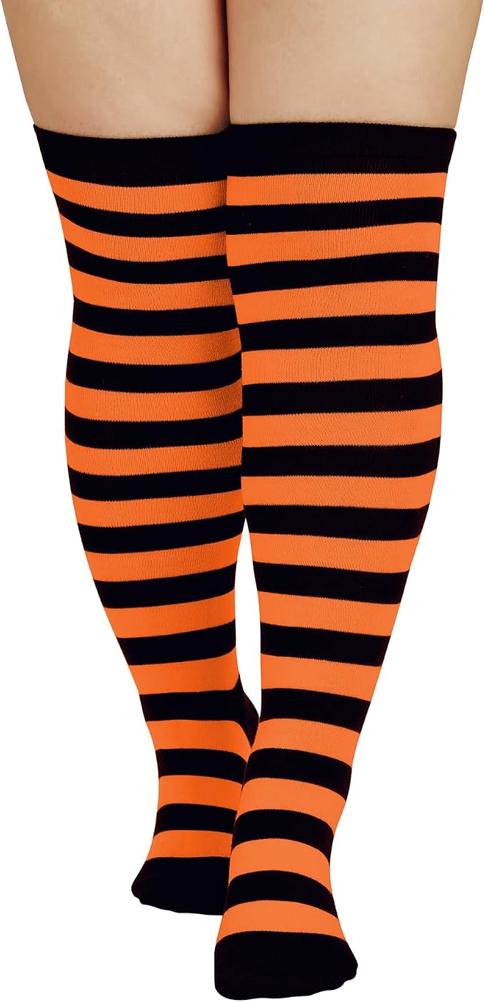 Zando Plus Size Black & Orange Striped Thigh High Stockings