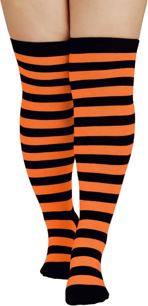 Zando Plus Size Black & Orange Striped Thigh High Stockings