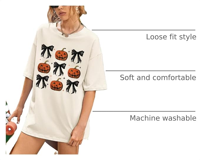Women's Pumpkin Bow Coquette Oversized Crewneck T-Shirt, Ivory