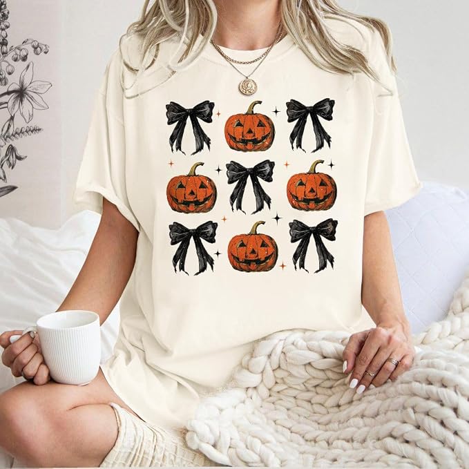 Women's Pumpkin Bow Coquette Oversized Crewneck T-Shirt, Ivory