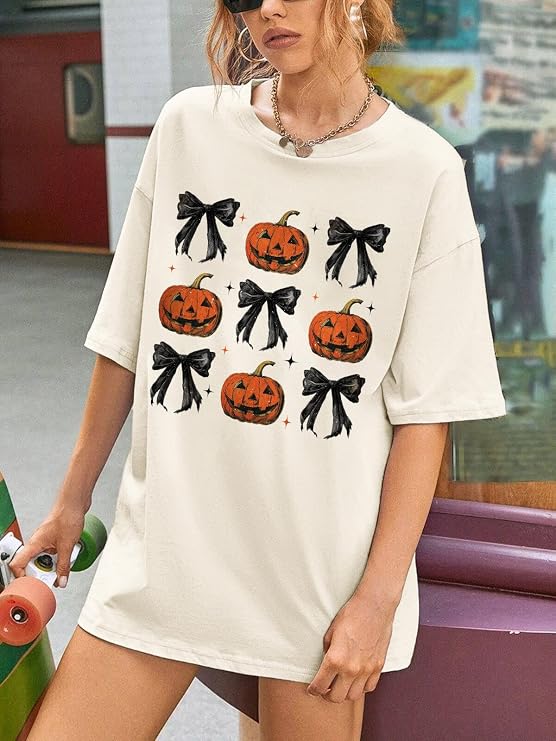 Women's Pumpkin Bow Coquette Oversized Crewneck T-Shirt, Ivory