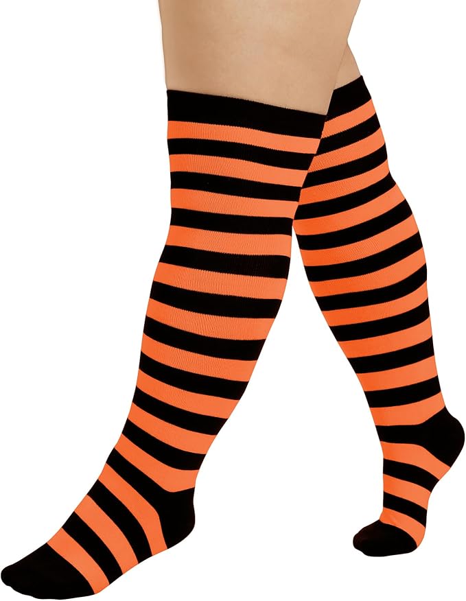 Zando Plus Size Black & Orange Striped Thigh High Stockings